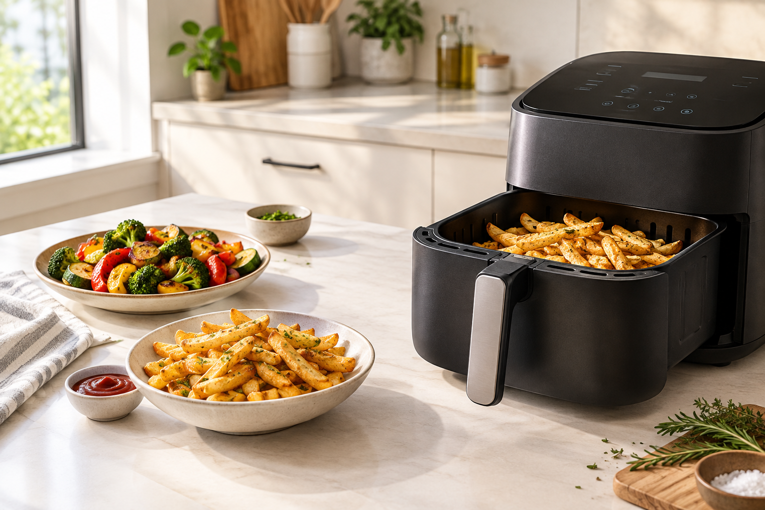 Air fryer cooking context in a bright kitchen